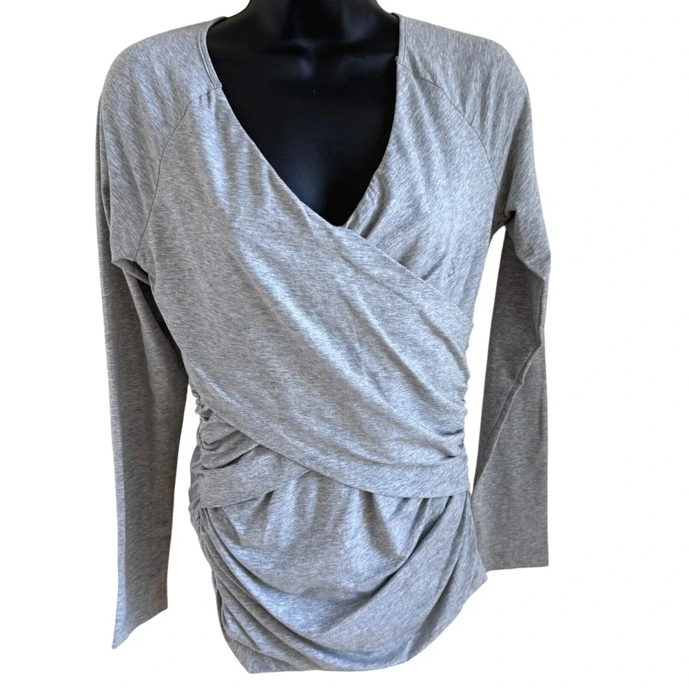 Quiet‎ Luxury Romantic Academia Ruched Wrap Long Sleeve Top Gray Sundance Small - Picture 2 of 5